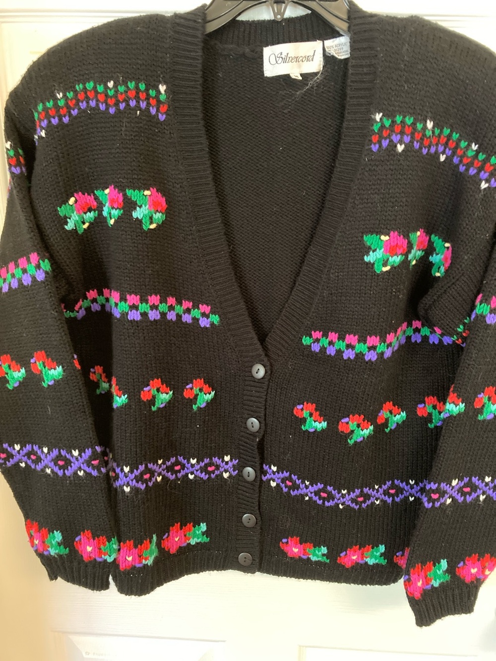 Silvercord  VTG 80s Black Floral Knit Cardigan Sweater